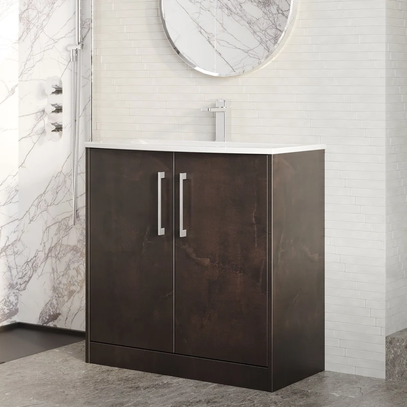 Juno 800mm Floor Standing 2 Door Vanity Unit & Curved Ceramic Basin - Metallic Slate Matt