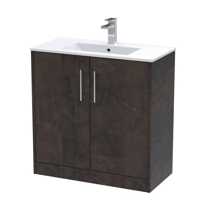Juno 800mm Floor Standing 2 Door Vanity Unit & Minimalist Ceramic Basin - Metallic Slate Matt