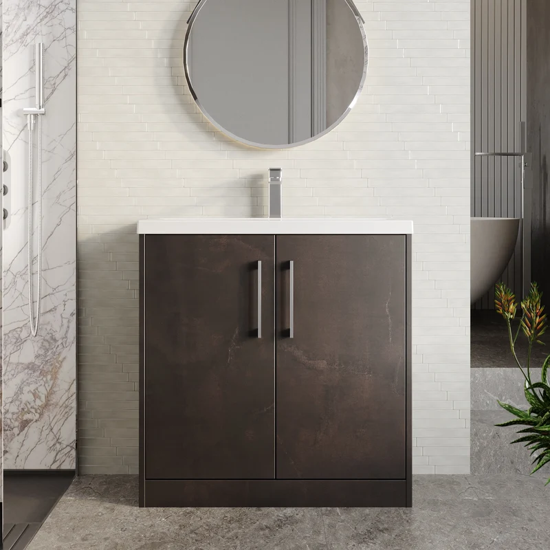 Juno 800mm Floor Standing 2 Door Vanity Unit & Mid Edge Ceramic Basin - Metallic Slate Matt