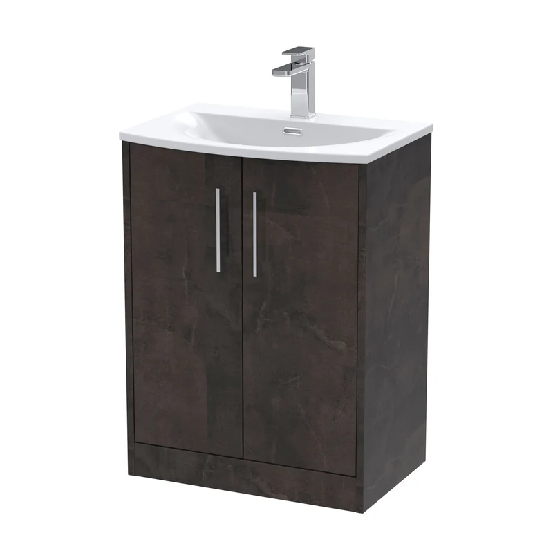 Juno 600mm Floor Standing 2 Door Vanity Unit & Curved Ceramic Basin - Metallic Slate Matt