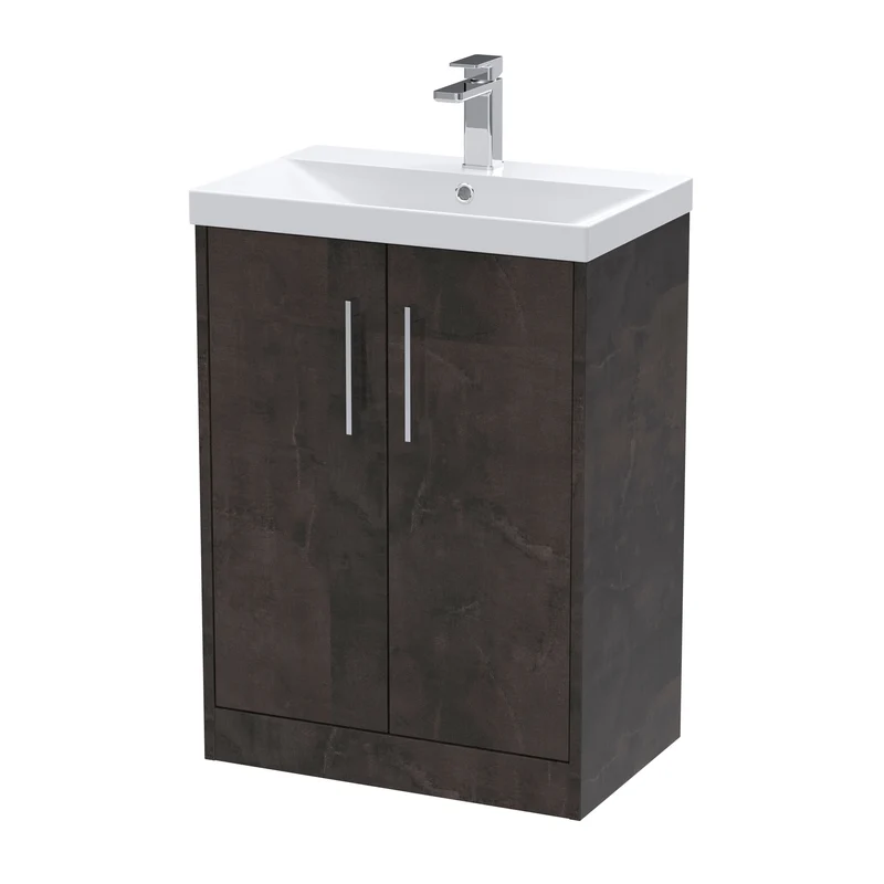 Juno 600mm Floor Standing 2 Door Vanity Unit & Thin Edge Ceramic Basin - Metallic Slate Matt