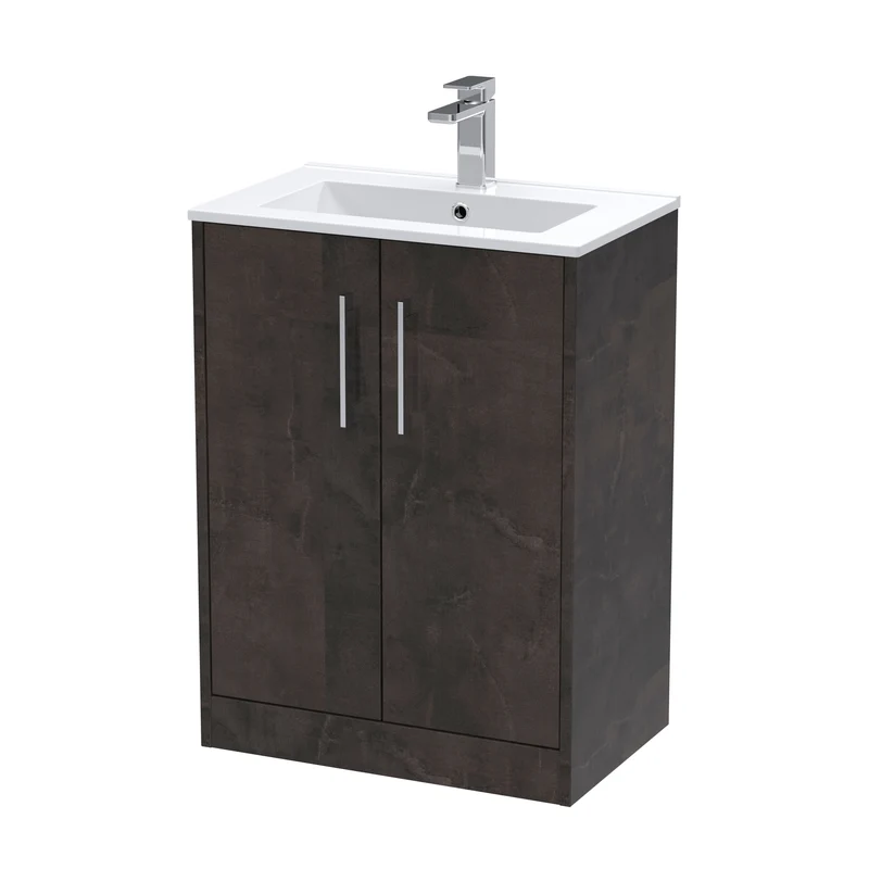 Juno 600mm Floor Standing 2 Door Vanity Unit & Minimalist Ceramic Basin - Metallic Slate Matt