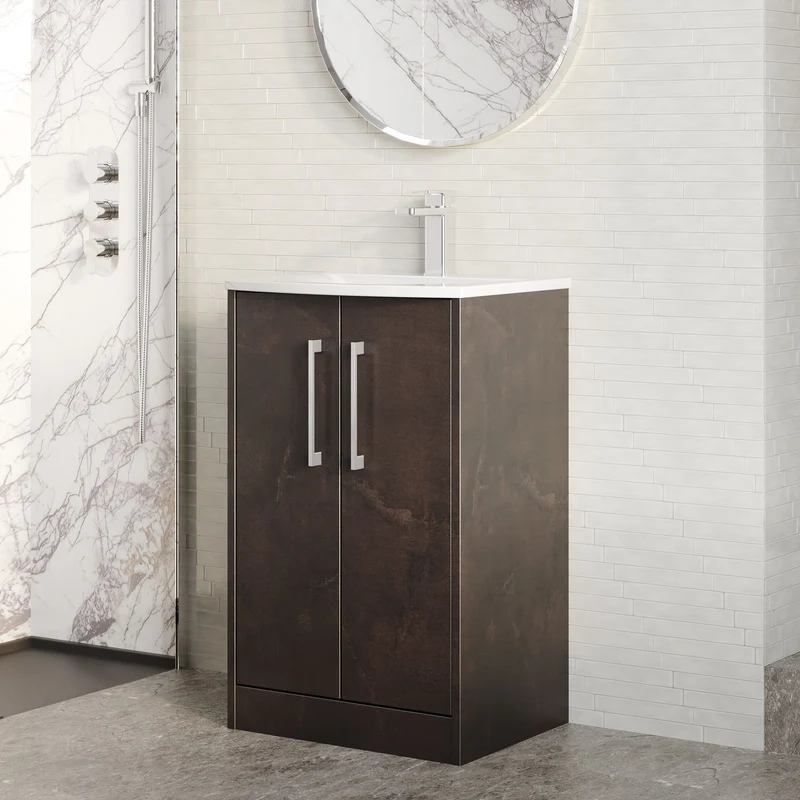 Juno 500mm Floor Standing 2 Door Vanity Unit & Curved Ceramic Basin - Metallic Slate Matt