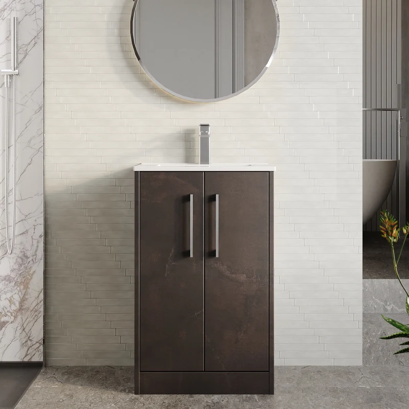 Juno 500mm Floor Standing 2 Door Vanity Unit & Minimalist Ceramic Basin - Metallic Slate Matt