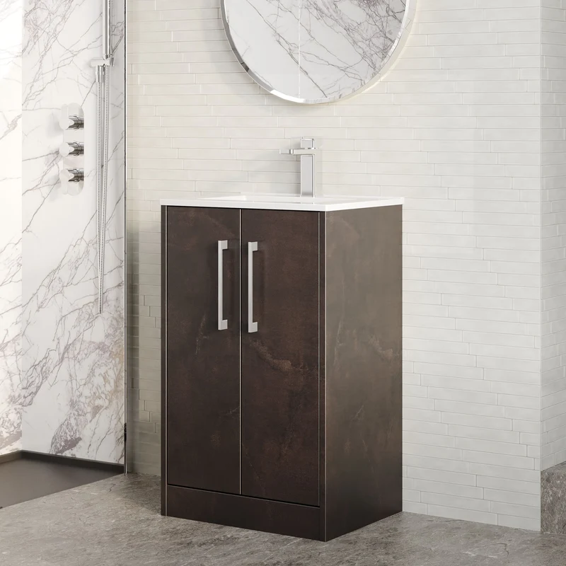 Juno 500mm Floor Standing 2 Door Vanity Unit & Minimalist Ceramic Basin - Metallic Slate Matt