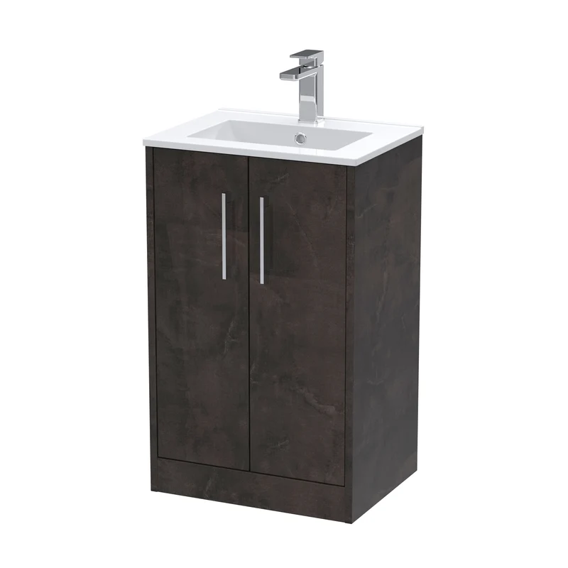 Juno 500mm Floor Standing 2 Door Vanity Unit & Minimalist Ceramic Basin - Metallic Slate Matt