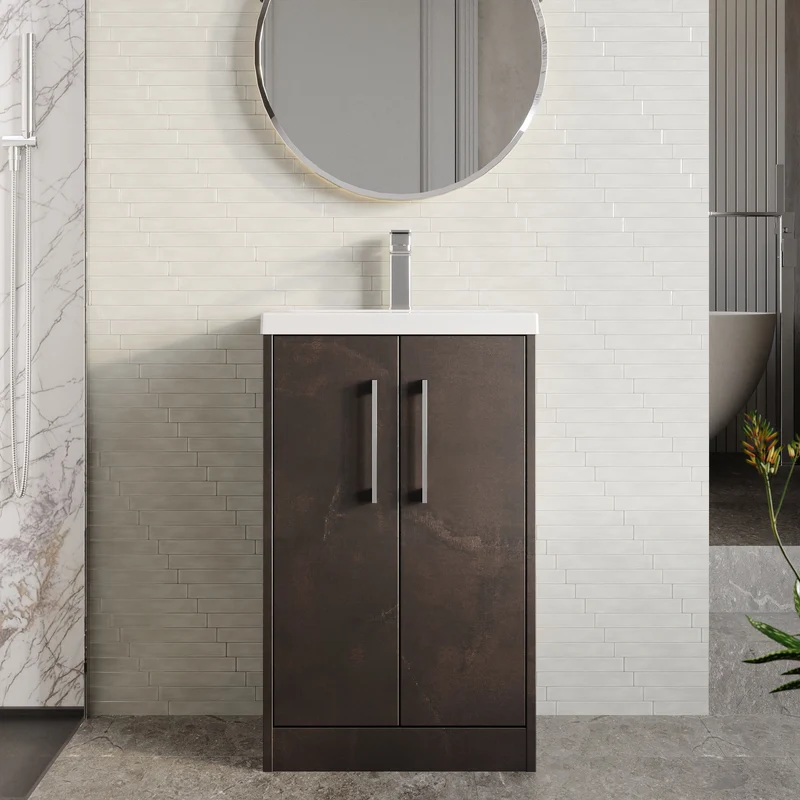 Juno 500mm Floor Standing 2 Door Vanity Unit & Mid Edge Ceramic Basin - Metallic Slate Matt