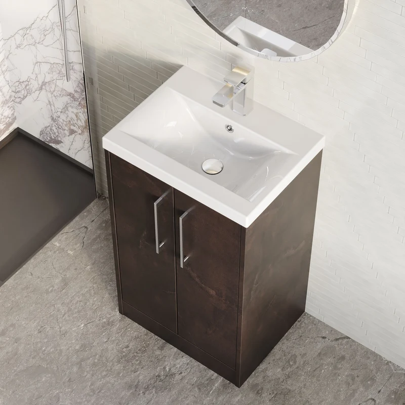 Juno 500mm Floor Standing 2 Door Vanity Unit & Mid Edge Ceramic Basin - Metallic Slate Matt