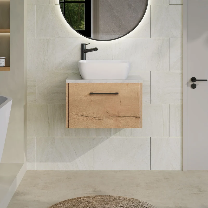 Juno 600mm Wall Hung 1 Drawer Vanity Unit & Bellato Grey Laminate Worktop - Autumn Oak Woodgrain