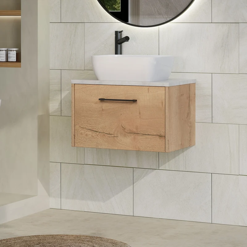 Juno 600mm Wall Hung 1 Drawer Vanity Unit & Bellato Grey Laminate Worktop - Autumn Oak Woodgrain