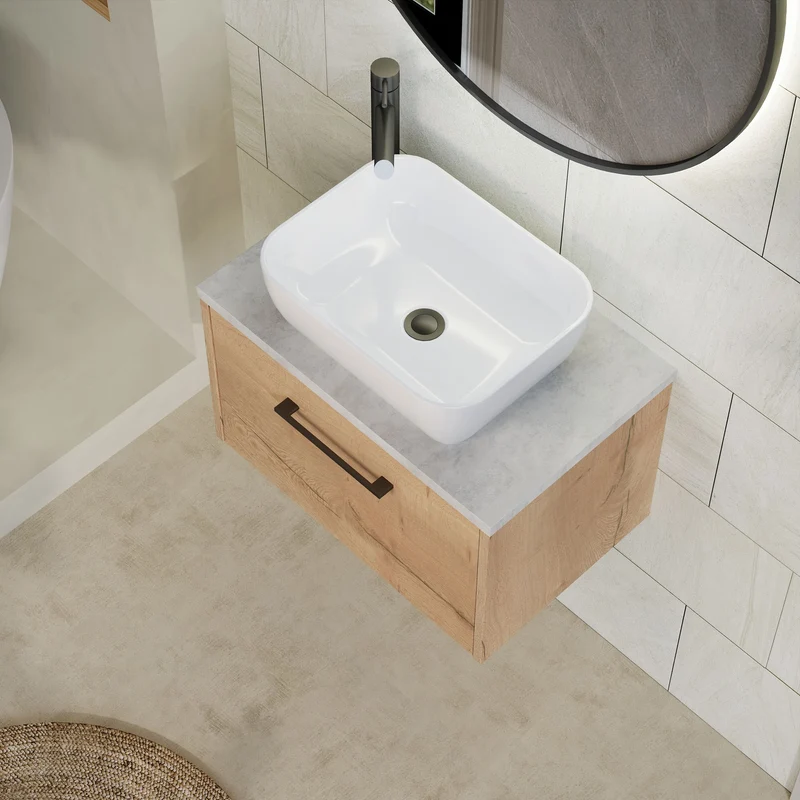 Juno 600mm Wall Hung 1 Drawer Vanity Unit & Bellato Grey Laminate Worktop - Autumn Oak Woodgrain