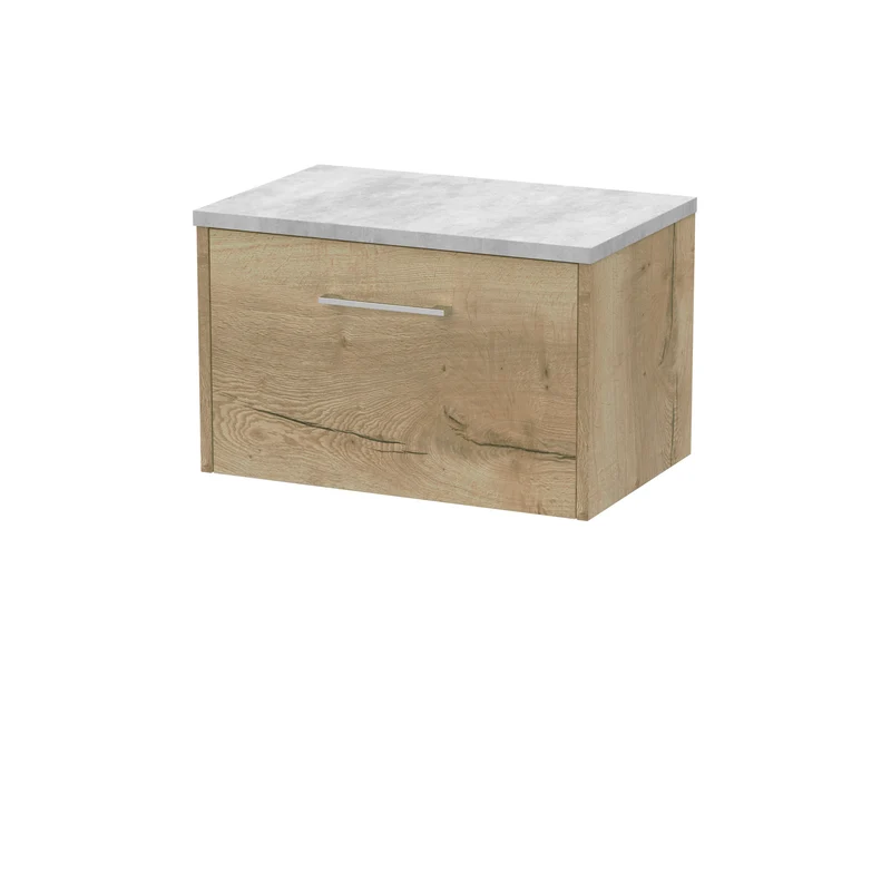 Juno 600mm Wall Hung 1 Drawer Vanity Unit & Bellato Grey Laminate Worktop - Autumn Oak Woodgrain
