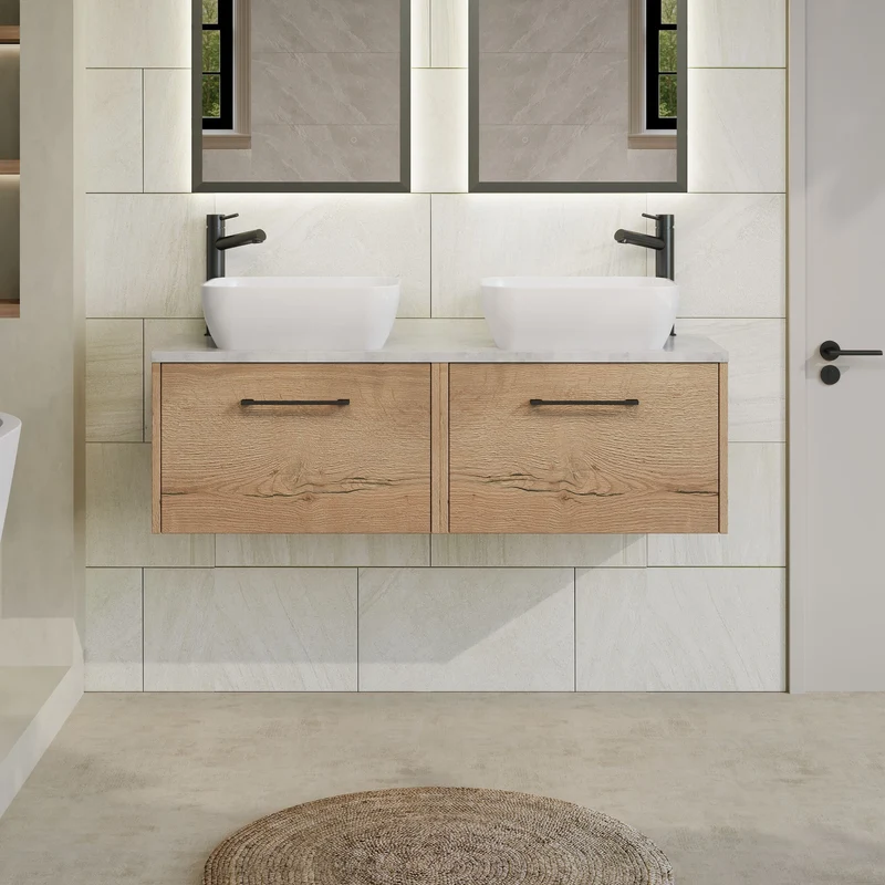 Juno 1200mm Wall Hung 2 Drawer Vanity Unit & Bellato Grey Laminate Worktop - Autumn Oak Woodgrain