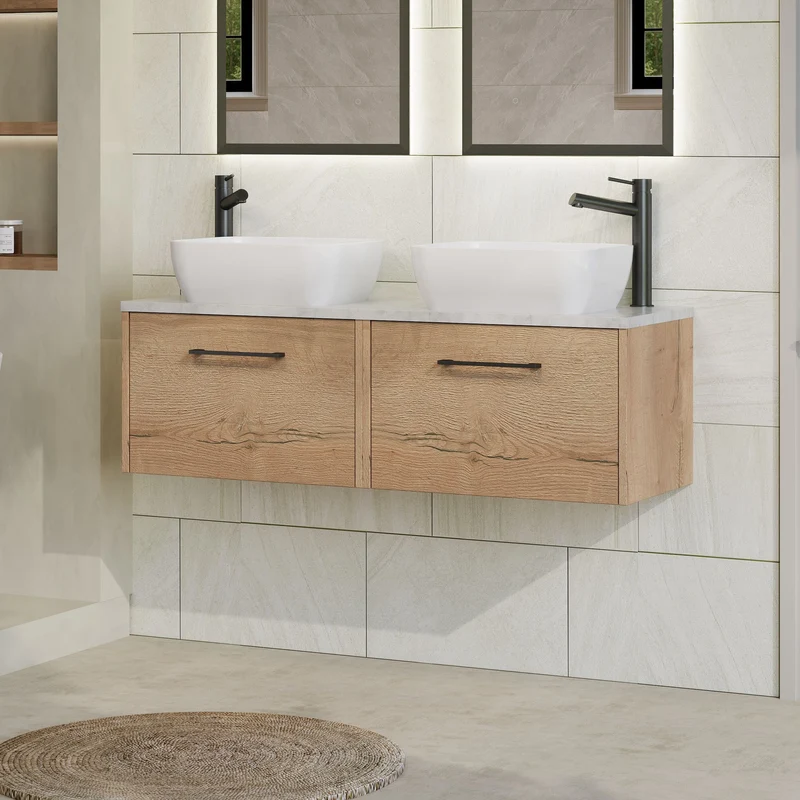 Juno 1200mm Wall Hung 2 Drawer Vanity Unit & Bellato Grey Laminate Worktop - Autumn Oak Woodgrain