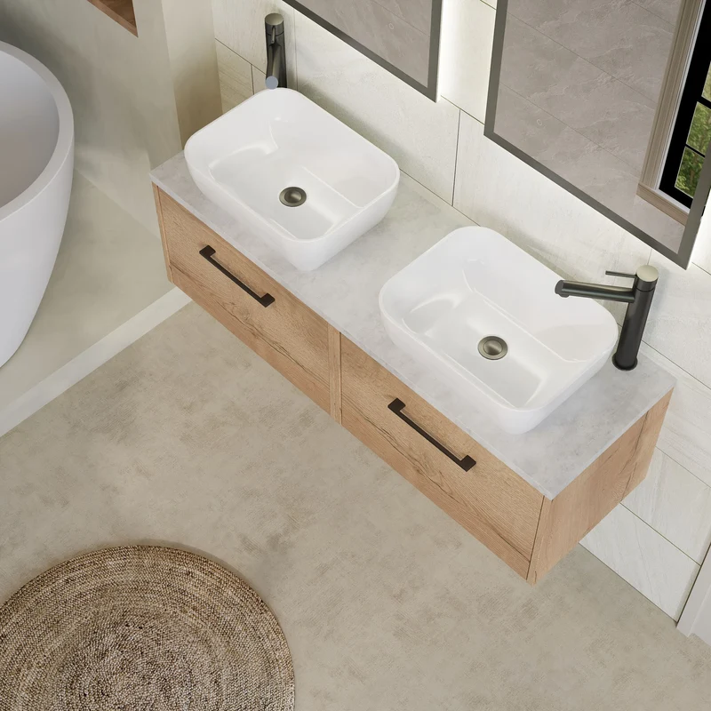 Juno 1200mm Wall Hung 2 Drawer Vanity Unit & Bellato Grey Laminate Worktop - Autumn Oak Woodgrain