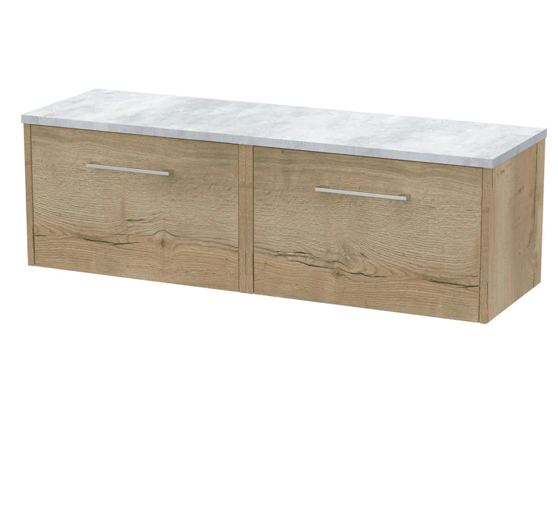Juno 1200mm Wall Hung 2 Drawer Vanity Unit & Bellato Grey Laminate Worktop - Autumn Oak Woodgrain