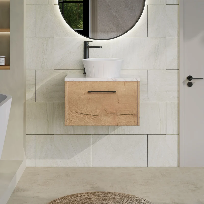 Juno 600mm Wall Hung 1 Drawer Vanity Unit & Carrera Marble Laminate Worktop - Autumn Oak Woodgrain