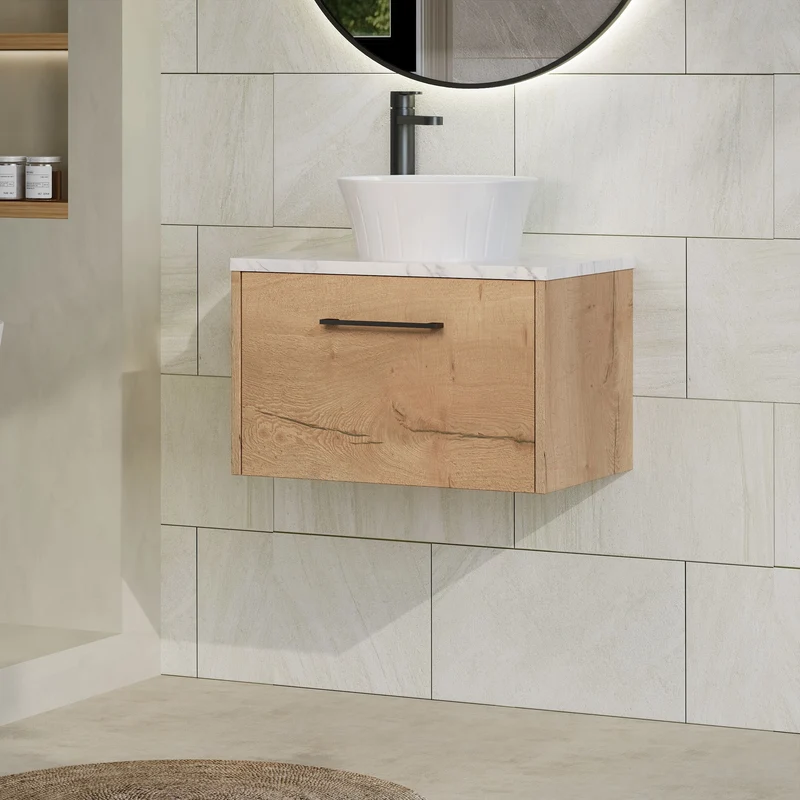 Juno 600mm Wall Hung 1 Drawer Vanity Unit & Carrera Marble Laminate Worktop - Autumn Oak Woodgrain