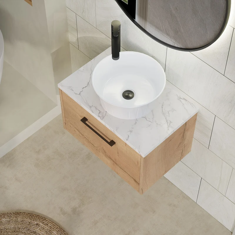 Juno 600mm Wall Hung 1 Drawer Vanity Unit & Carrera Marble Laminate Worktop - Autumn Oak Woodgrain
