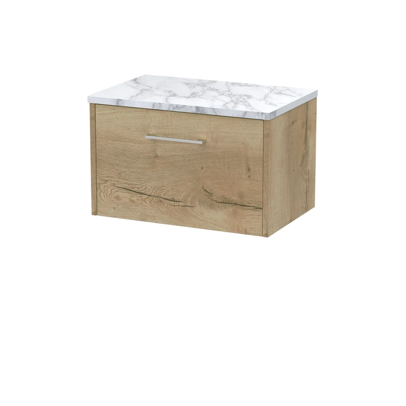 Juno 600mm Wall Hung 1 Drawer Vanity Unit & Carrera Marble Laminate Worktop - Autumn Oak Woodgrain
