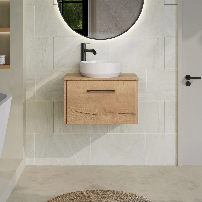 Juno 600mm Wall Hung 1 Drawer Vanity Unit & Worktop - Autumn Oak Woodgrain