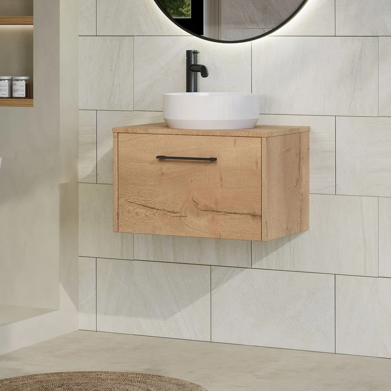 Juno 600mm Wall Hung 1 Drawer Vanity Unit & Worktop - Autumn Oak Woodgrain