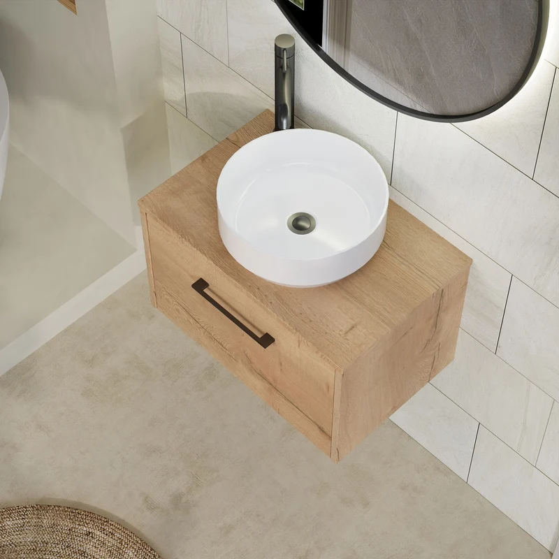 Juno 600mm Wall Hung 1 Drawer Vanity Unit & Worktop - Autumn Oak Woodgrain