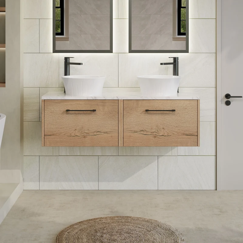 Juno 1200mm Wall Hung 2 Drawer Vanity Unit & Carrera Marble Laminate Worktop - Autumn Oak Woodgrain