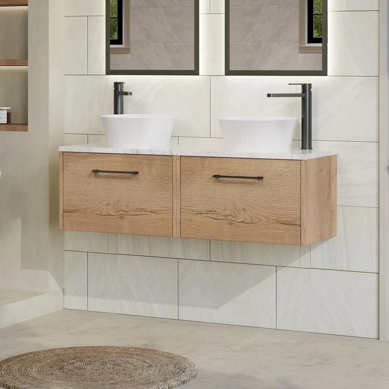 Juno 1200mm Wall Hung 2 Drawer Vanity Unit & Carrera Marble Laminate Worktop - Autumn Oak Woodgrain