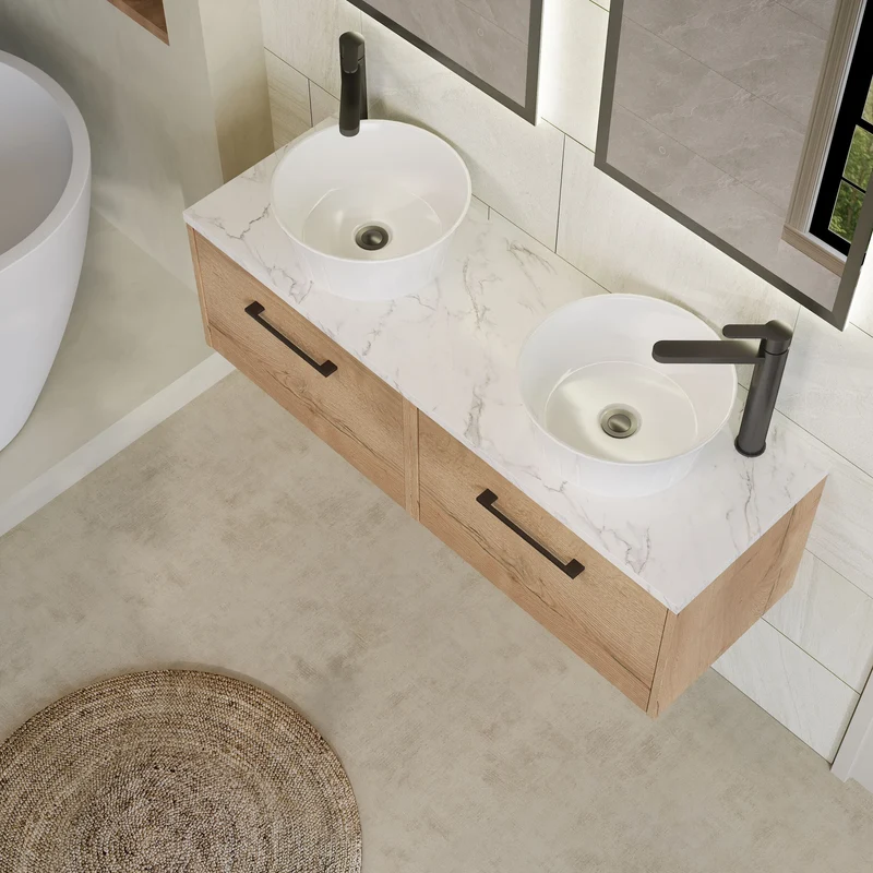 Juno 1200mm Wall Hung 2 Drawer Vanity Unit & Carrera Marble Laminate Worktop - Autumn Oak Woodgrain