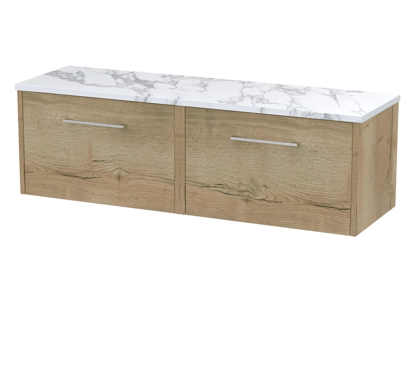 Juno 1200mm Wall Hung 2 Drawer Vanity Unit & Carrera Marble Laminate Worktop - Autumn Oak Woodgrain