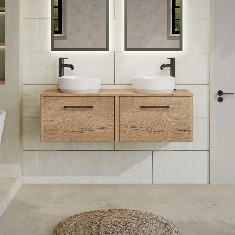 Juno 1200mm Wall Hung 2 Drawer Vanity Unit & Worktop - Autumn Oak Woodgrain