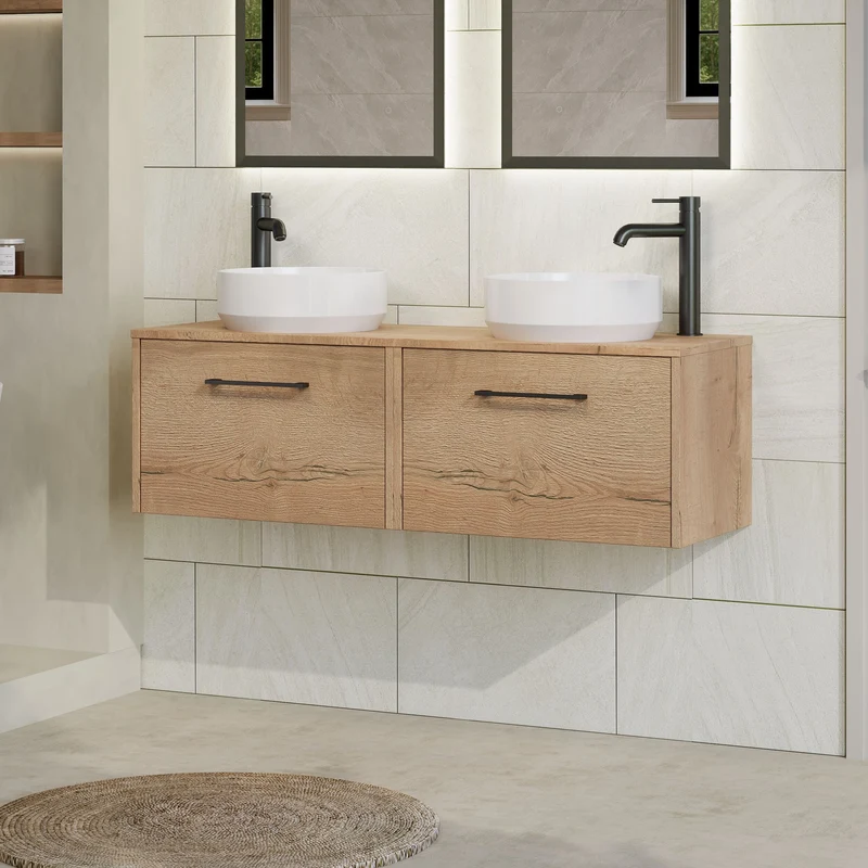 Juno 1200mm Wall Hung 2 Drawer Vanity Unit & Worktop - Autumn Oak Woodgrain