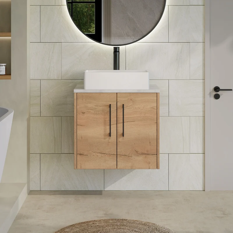Juno 600mm Wall Hung 2 Door Vanity Unit & Bellato Grey Laminate Worktop - Autumn Oak Woodgrain