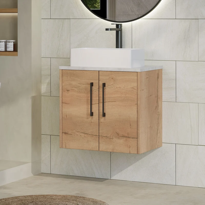 Juno 600mm Wall Hung 2 Door Vanity Unit & Bellato Grey Laminate Worktop - Autumn Oak Woodgrain