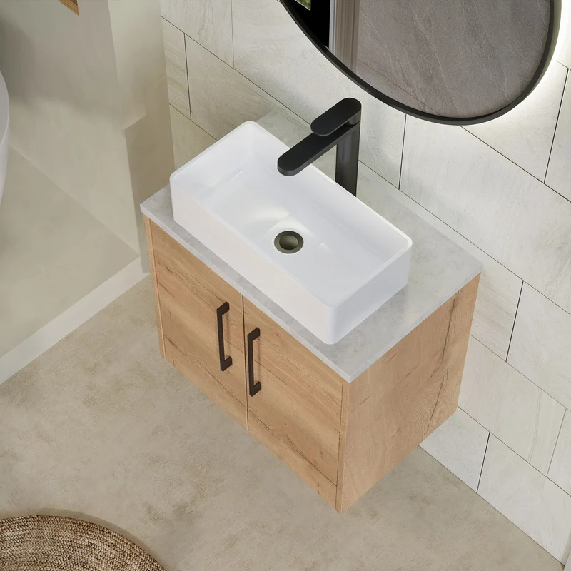 Juno 600mm Wall Hung 2 Door Vanity Unit & Bellato Grey Laminate Worktop - Autumn Oak Woodgrain