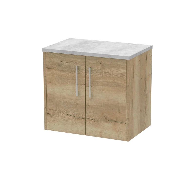 Juno 600mm Wall Hung 2 Door Vanity Unit & Bellato Grey Laminate Worktop - Autumn Oak Woodgrain