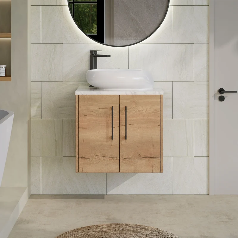 Juno 600mm Wall Hung 2 Door Vanity Unit & Carrera Marble Laminate Worktop - Autumn Oak Woodgrain