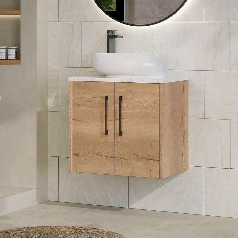 Juno 600mm Wall Hung 2 Door Vanity Unit & Carrera Marble Laminate Worktop - Autumn Oak Woodgrain