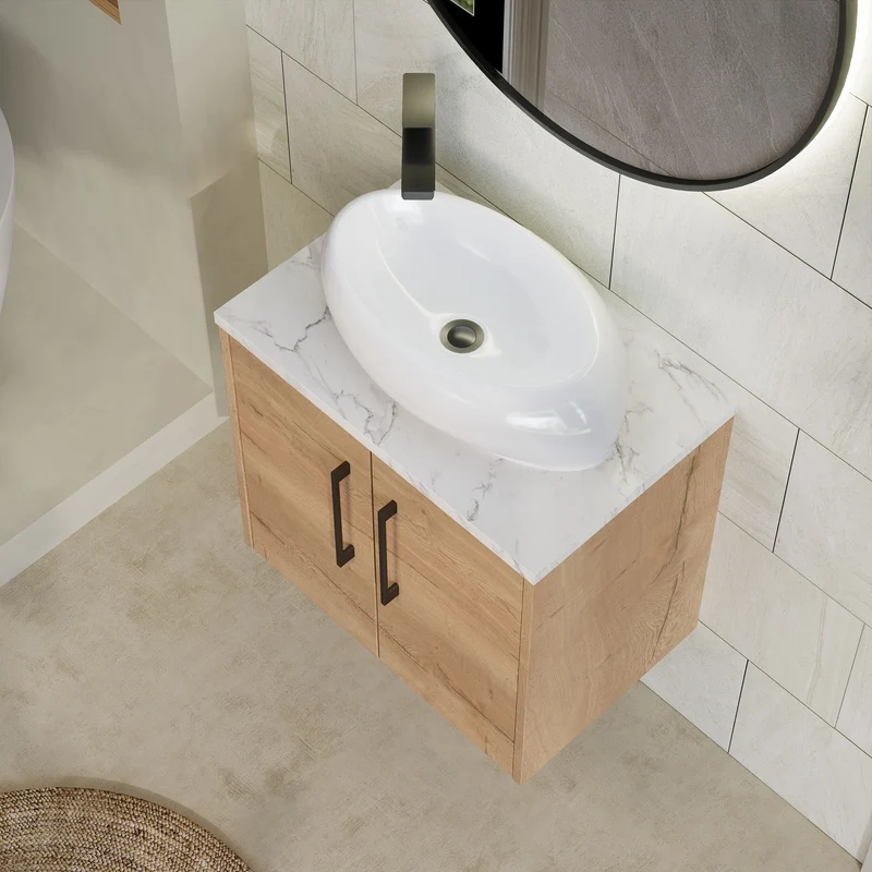 Juno 600mm Wall Hung 2 Door Vanity Unit & Carrera Marble Laminate Worktop - Autumn Oak Woodgrain
