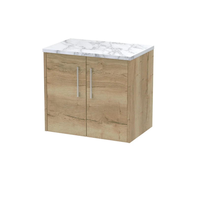Juno 600mm Wall Hung 2 Door Vanity Unit & Carrera Marble Laminate Worktop - Autumn Oak Woodgrain
