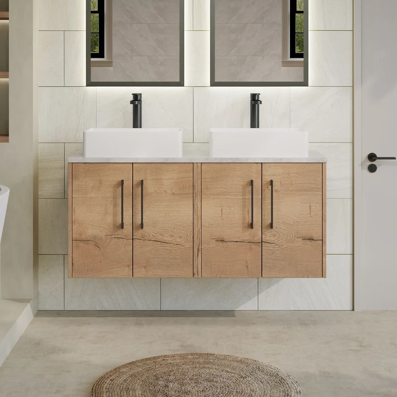 Juno 1200mm Wall Hung 4 Door Vanity Unit & Bellato Grey Laminate Worktop - Autumn Oak Woodgrain