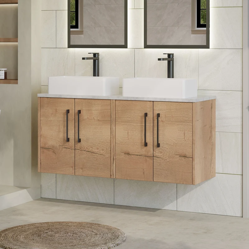 Juno 1200mm Wall Hung 4 Door Vanity Unit & Bellato Grey Laminate Worktop - Autumn Oak Woodgrain