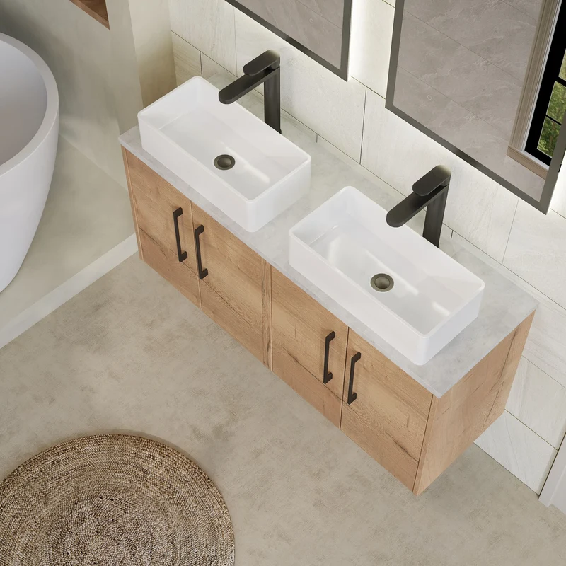 Juno 1200mm Wall Hung 4 Door Vanity Unit & Bellato Grey Laminate Worktop - Autumn Oak Woodgrain