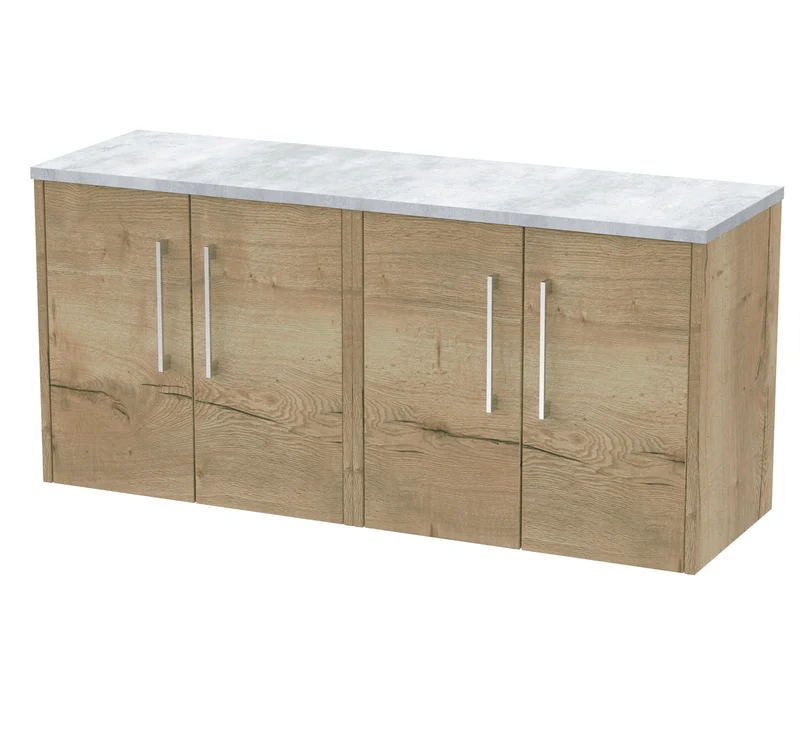 Juno 1200mm Wall Hung 4 Door Vanity Unit & Bellato Grey Laminate Worktop - Autumn Oak Woodgrain