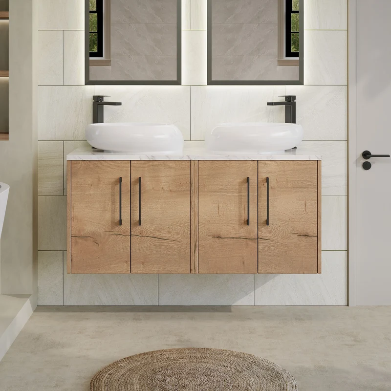 Juno 1200mm Wall Hung 4 Door Vanity Unit & Carrera Marble Laminate Worktop - Autumn Oak Woodgrain