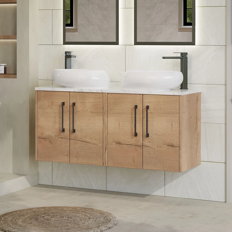 Juno 1200mm Wall Hung 4 Door Vanity Unit & Carrera Marble Laminate Worktop - Autumn Oak Woodgrain