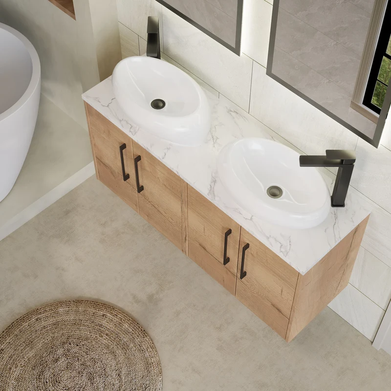 Juno 1200mm Wall Hung 4 Door Vanity Unit & Carrera Marble Laminate Worktop - Autumn Oak Woodgrain