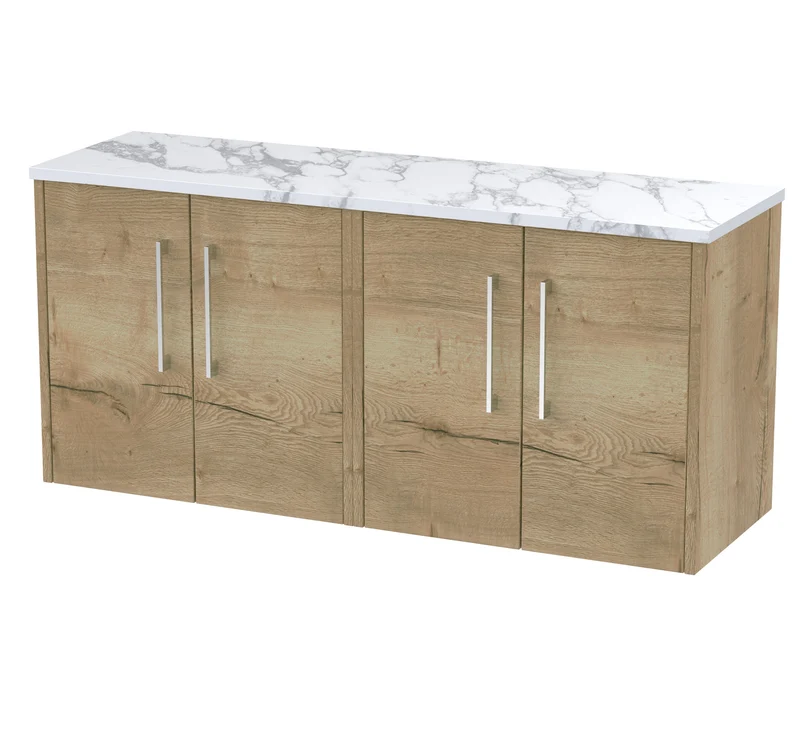 Juno 1200mm Wall Hung 4 Door Vanity Unit & Carrera Marble Laminate Worktop - Autumn Oak Woodgrain