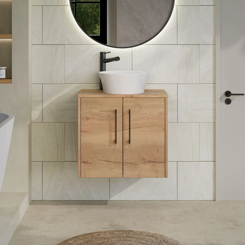 Juno 600mm Wall Hung 2 Door Vanity Unit & Worktop - Autumn Oak Woodgrain